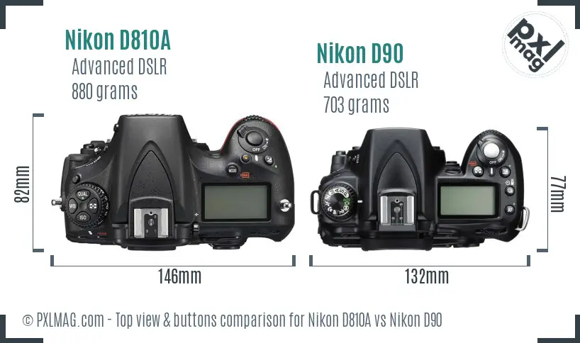 Nikon D810A vs Nikon D90 top view buttons comparison