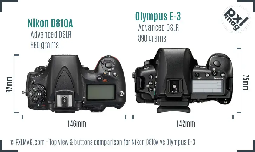 Nikon D810A vs Olympus E-3 top view buttons comparison