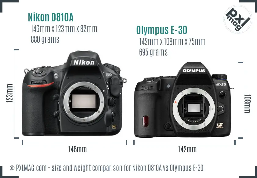 Nikon D810A vs Olympus E-30 size comparison