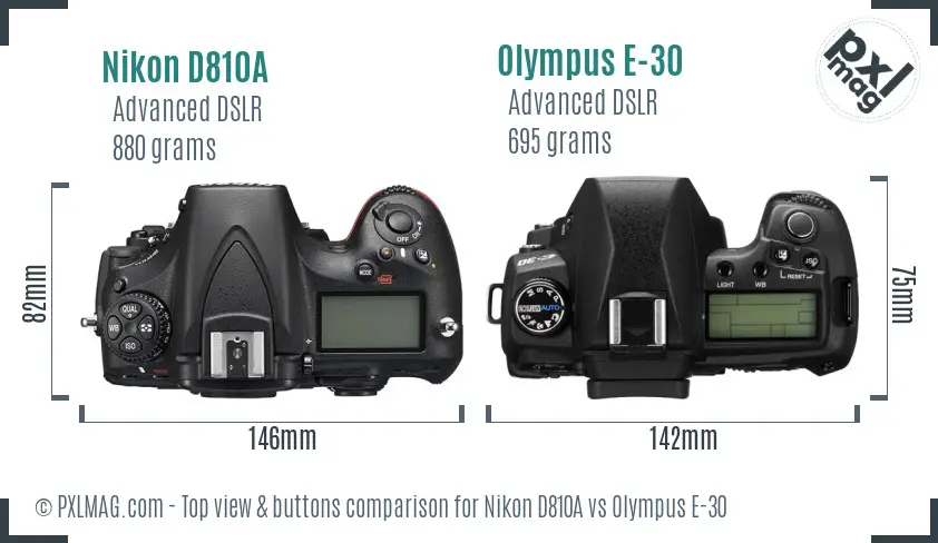 Nikon D810A vs Olympus E-30 top view buttons comparison
