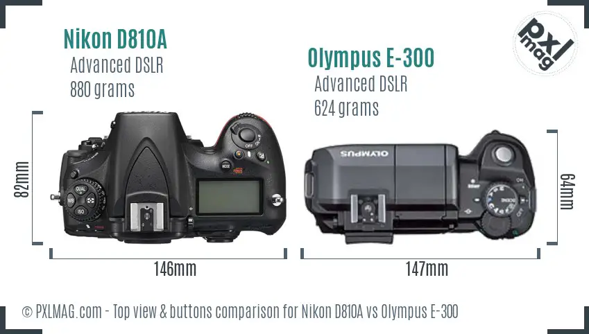 Nikon D810A vs Olympus E-300 top view buttons comparison
