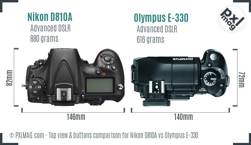 Nikon D810A vs Olympus E-330 top view buttons comparison