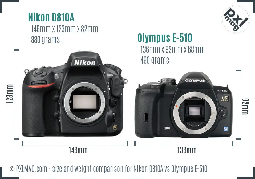 Nikon D810A vs Olympus E-510 size comparison