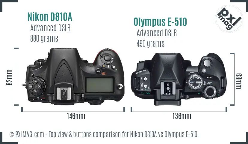 Nikon D810A vs Olympus E-510 top view buttons comparison