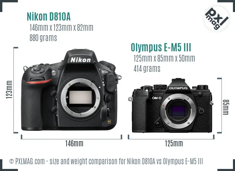Nikon D810A vs Olympus E-M5 III size comparison