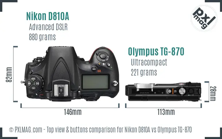 Nikon D810A vs Olympus TG-870 top view buttons comparison