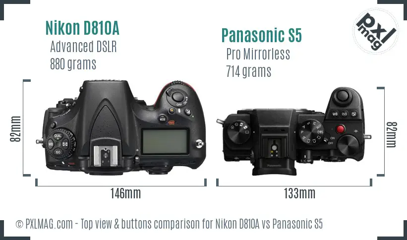 Nikon D810A vs Panasonic S5 top view buttons comparison