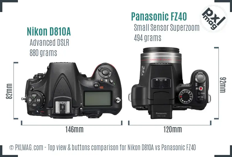 Nikon D810A vs Panasonic FZ40 top view buttons comparison