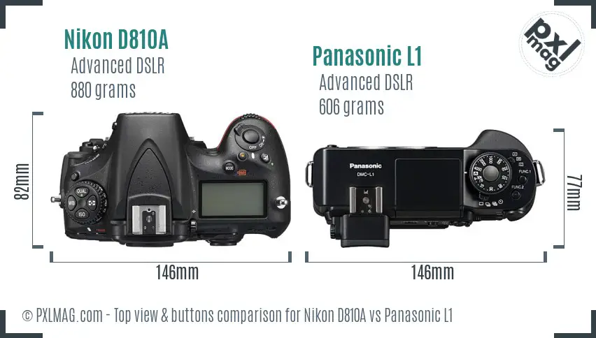 Nikon D810A vs Panasonic L1 top view buttons comparison