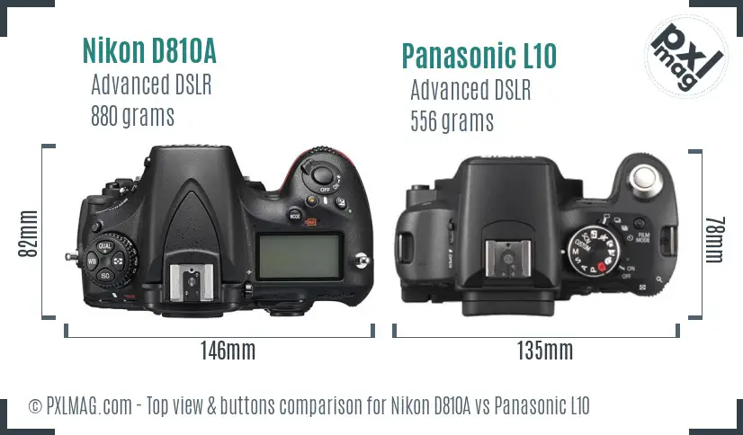 Nikon D810A vs Panasonic L10 top view buttons comparison
