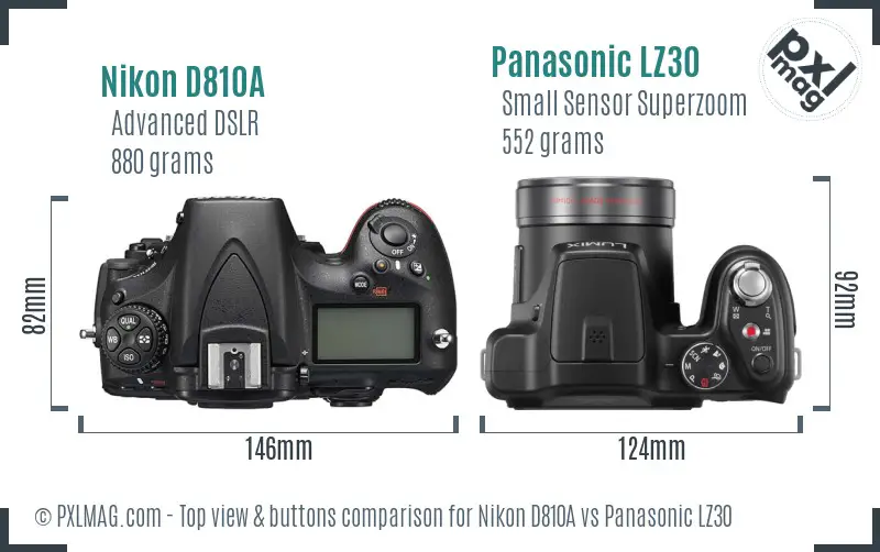 Nikon D810A vs Panasonic LZ30 top view buttons comparison