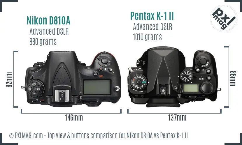 Nikon D810A vs Pentax K-1 II top view buttons comparison