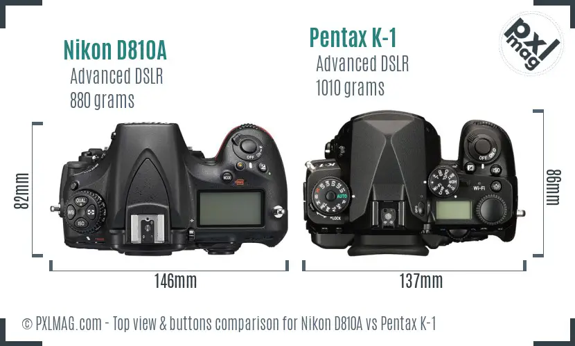 Nikon D810A vs Pentax K-1 top view buttons comparison