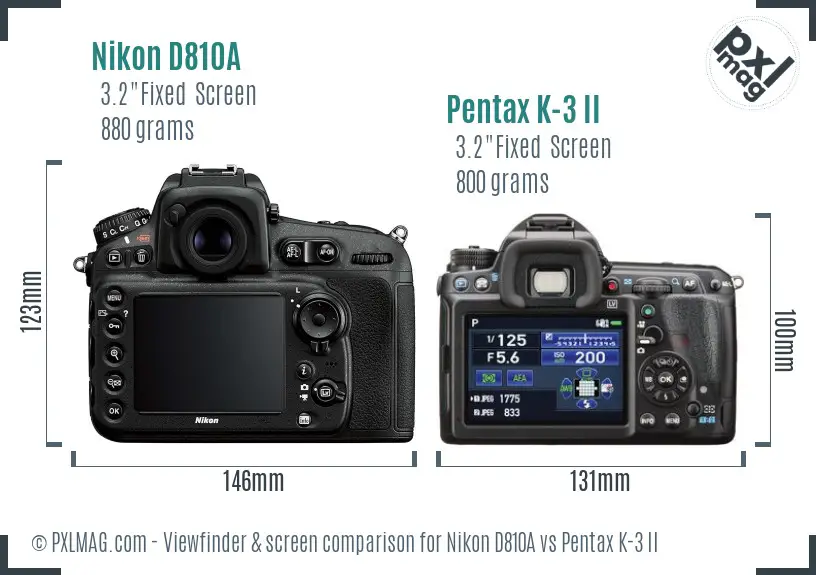 Nikon D810A vs Pentax K-3 II Screen and Viewfinder comparison