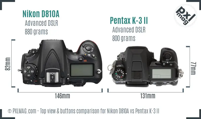 Nikon D810A vs Pentax K-3 II top view buttons comparison