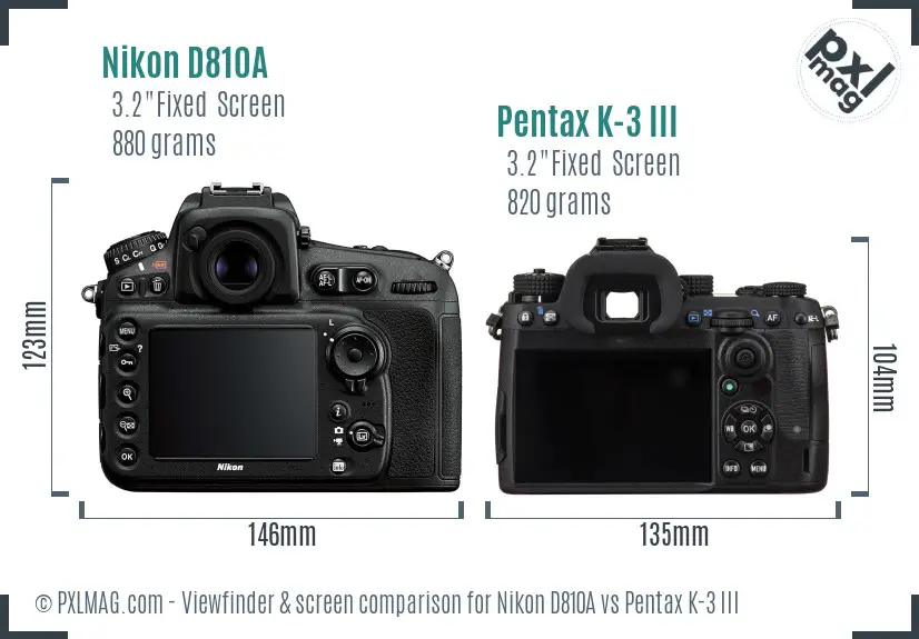 Nikon D810A vs Pentax K-3 III Screen and Viewfinder comparison