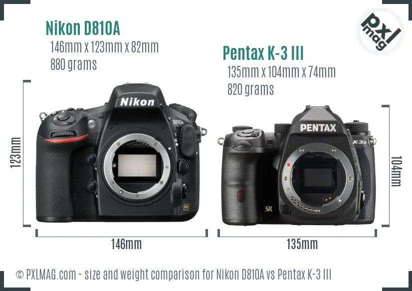 Nikon D810A vs Pentax K-3 III size comparison