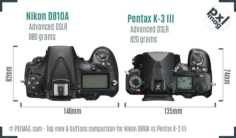 Nikon D810A vs Pentax K-3 III top view buttons comparison