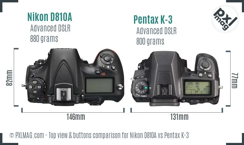Nikon D810A vs Pentax K-3 top view buttons comparison