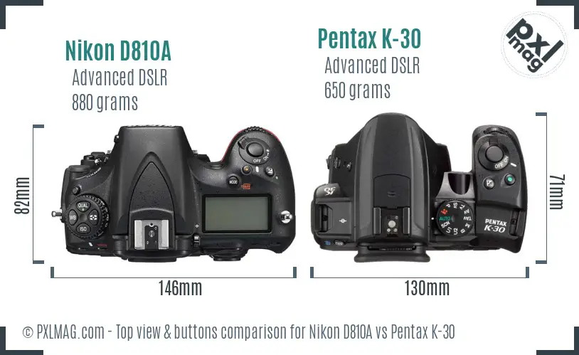 Nikon D810A vs Pentax K-30 top view buttons comparison