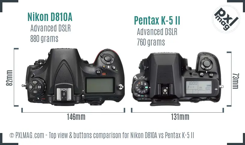 Nikon D810A vs Pentax K-5 II top view buttons comparison