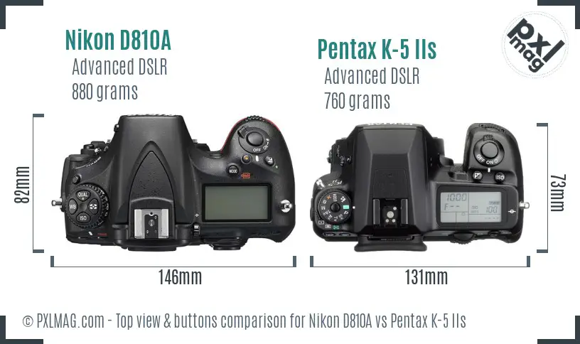 Nikon D810A vs Pentax K-5 IIs top view buttons comparison