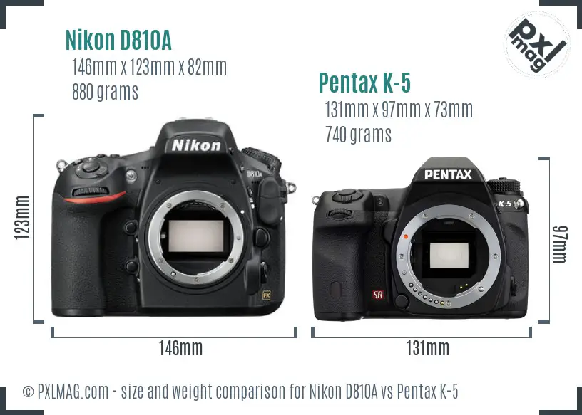 Nikon D810A vs Pentax K-5 size comparison