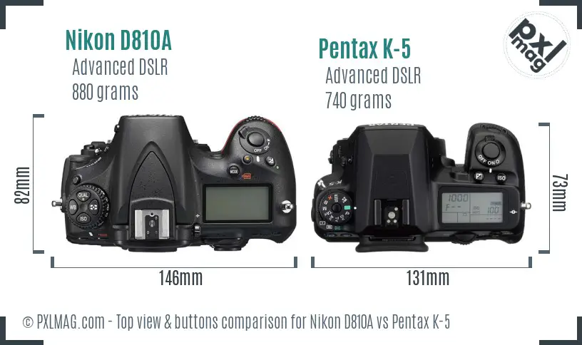 Nikon D810A vs Pentax K-5 top view buttons comparison