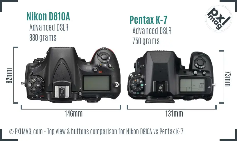 Nikon D810A vs Pentax K-7 top view buttons comparison