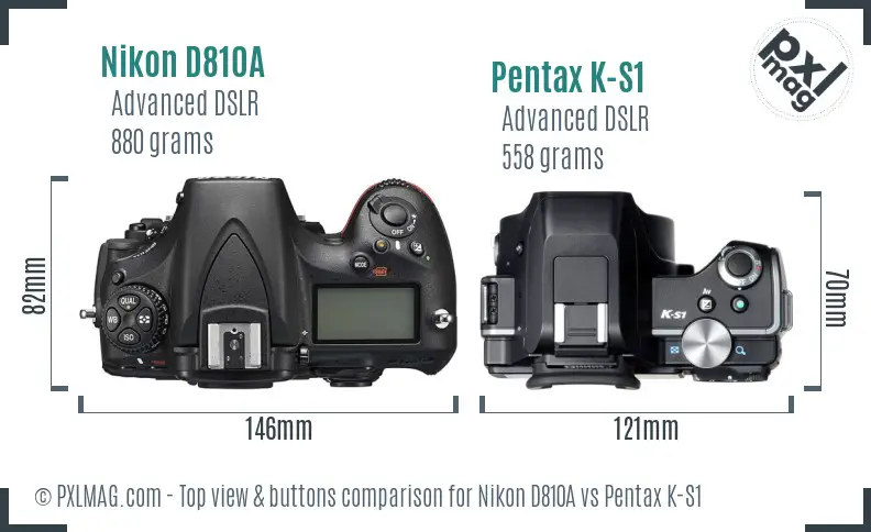 Nikon D810A vs Pentax K-S1 top view buttons comparison