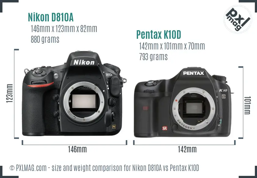 Nikon D810A vs Pentax K10D size comparison
