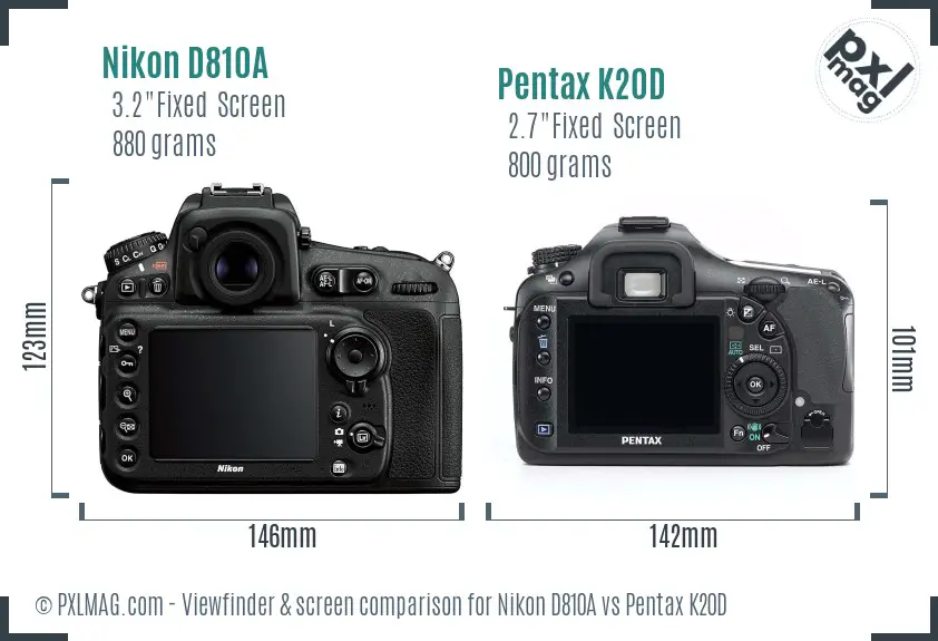 Nikon D810A vs Pentax K20D Screen and Viewfinder comparison