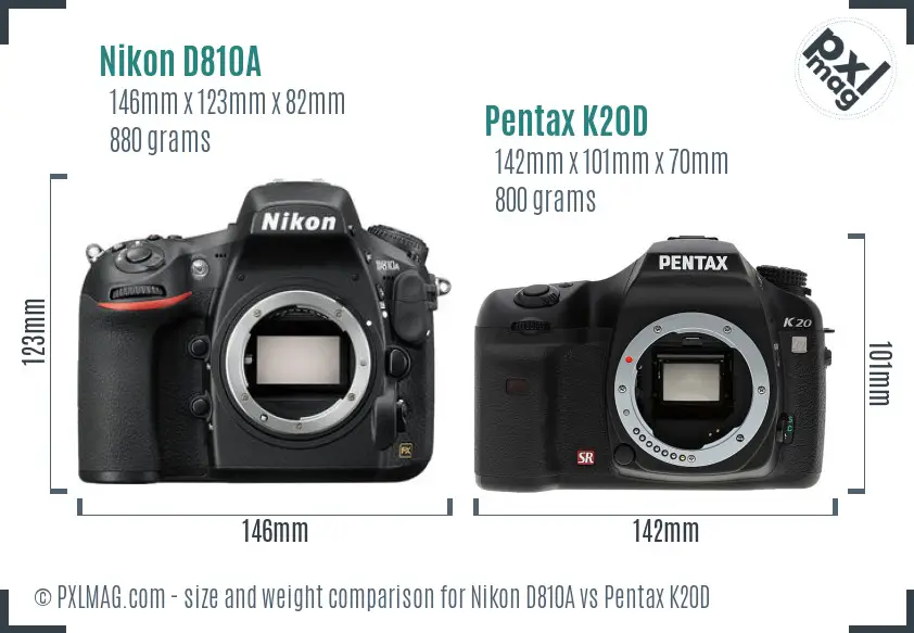 Nikon D810A vs Pentax K20D size comparison
