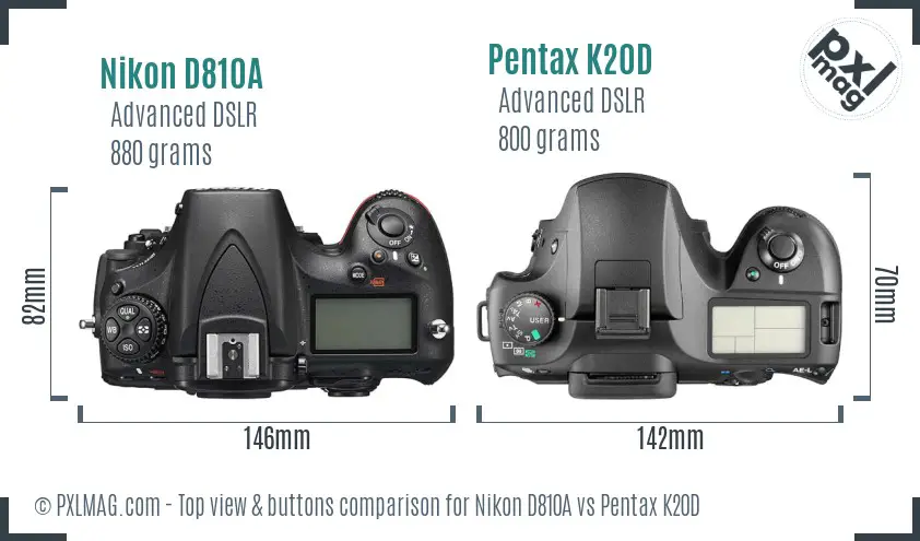 Nikon D810A vs Pentax K20D top view buttons comparison