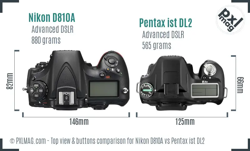Nikon D810A vs Pentax ist DL2 top view buttons comparison