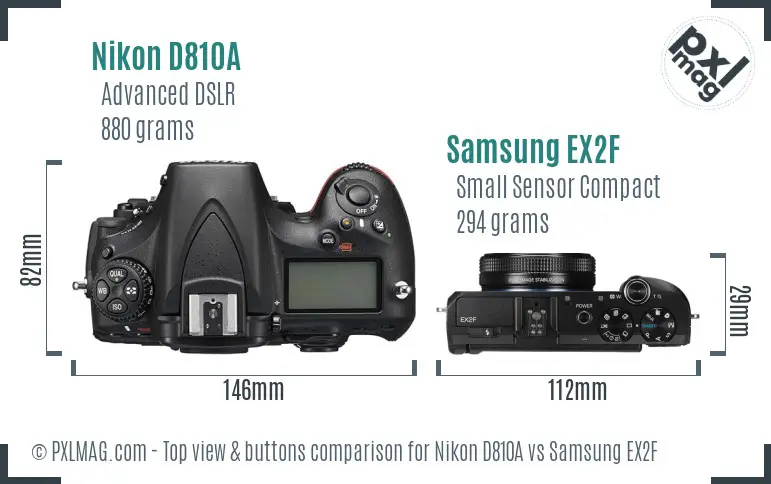 Nikon D810A vs Samsung EX2F top view buttons comparison
