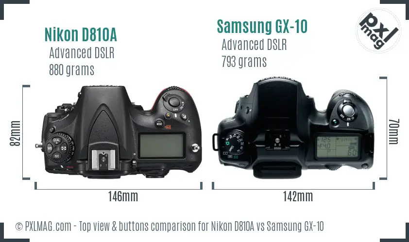 Nikon D810A vs Samsung GX-10 top view buttons comparison