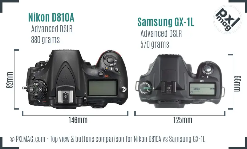 Nikon D810A vs Samsung GX-1L top view buttons comparison