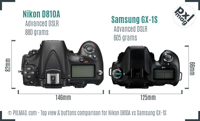 Nikon D810A vs Samsung GX-1S top view buttons comparison