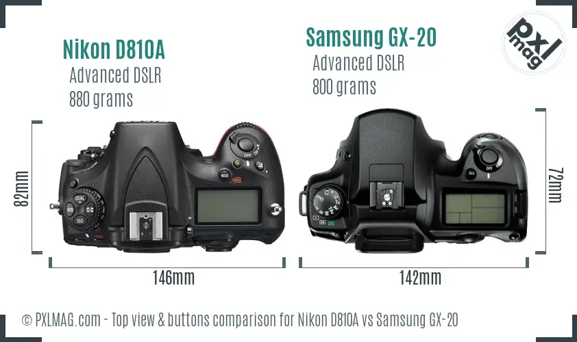 Nikon D810A vs Samsung GX-20 top view buttons comparison