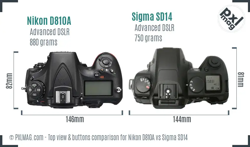 Nikon D810A vs Sigma SD14 top view buttons comparison