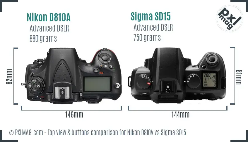 Nikon D810A vs Sigma SD15 top view buttons comparison