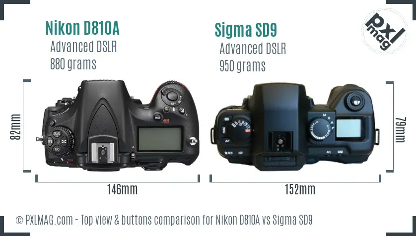 Nikon D810A vs Sigma SD9 top view buttons comparison