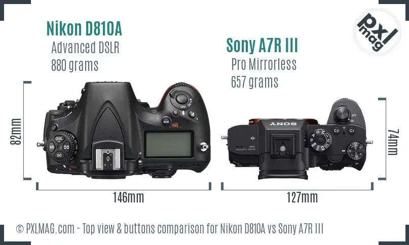 Nikon D810A vs Sony A7R III top view buttons comparison