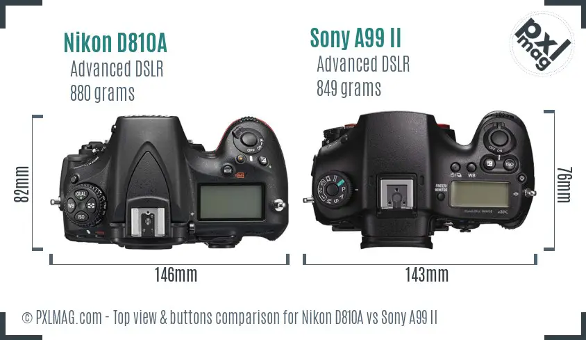 Nikon D810A vs Sony A99 II top view buttons comparison