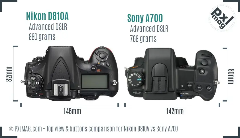 Nikon D810A vs Sony A700 top view buttons comparison