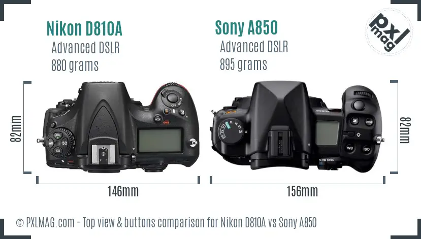 Nikon D810A vs Sony A850 top view buttons comparison