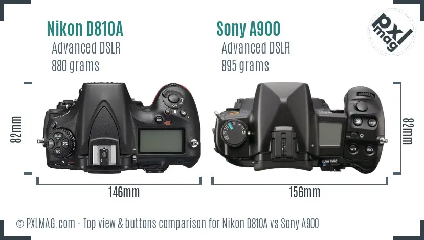 Nikon D810A vs Sony A900 top view buttons comparison