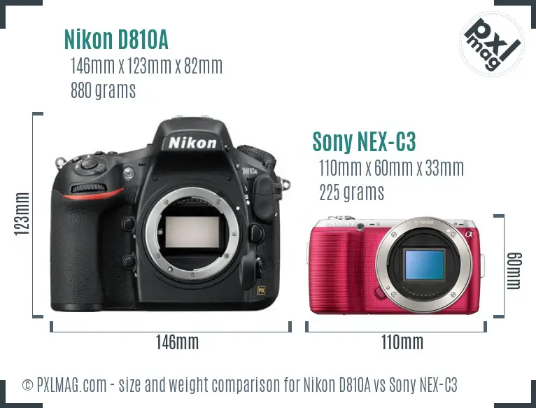 Nikon D810A vs Sony NEX-C3 size comparison