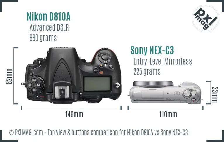 Nikon D810A vs Sony NEX-C3 top view buttons comparison
